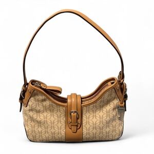 Fossil Canvas Signature Monogram Leather Trim Shoulder Bag  with Key Charm